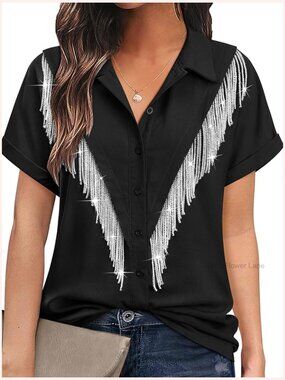Women's Rhinestone Fringe Button Down Shirt Short Sleeve Cowgirl Top Country